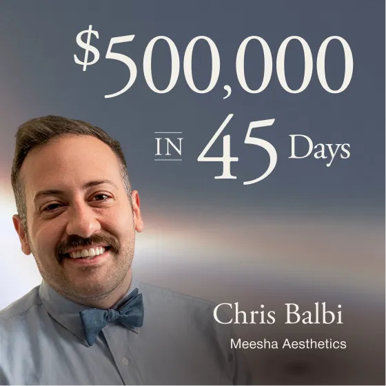 Chris Balbi de Meesha Aesthetics, $500,000 en 45 días con Ageless AI.